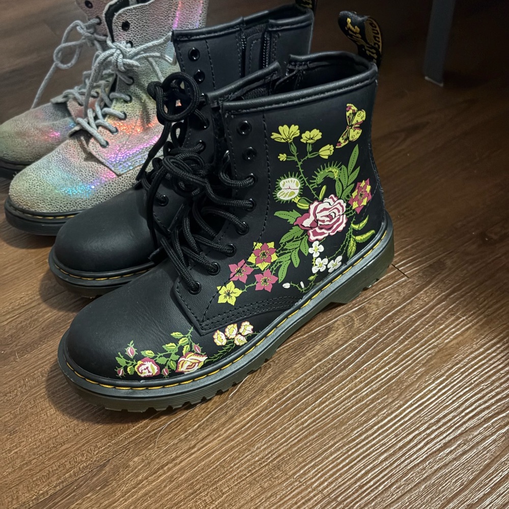 Dr. Martens Black Floral Lace-Up Kids Boots with Green and Pink Accents